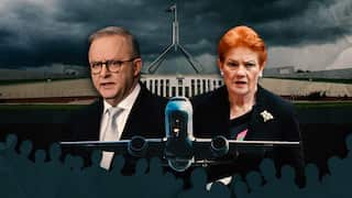 Political graphic featuring Parliament House under storm clouds, Anthony Albanese and Pauline Hanson in the foreground, and a passenger jet above a crowd silhouette.