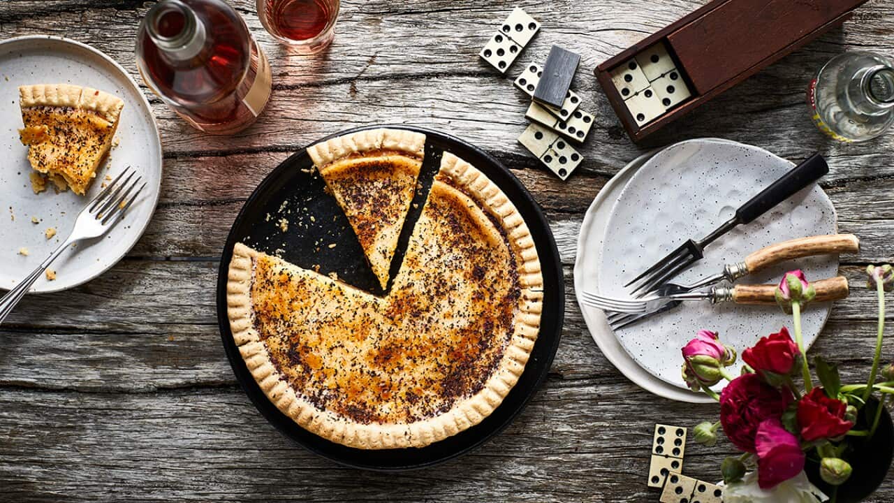 Burnt wheat, yukari and yuzu tart