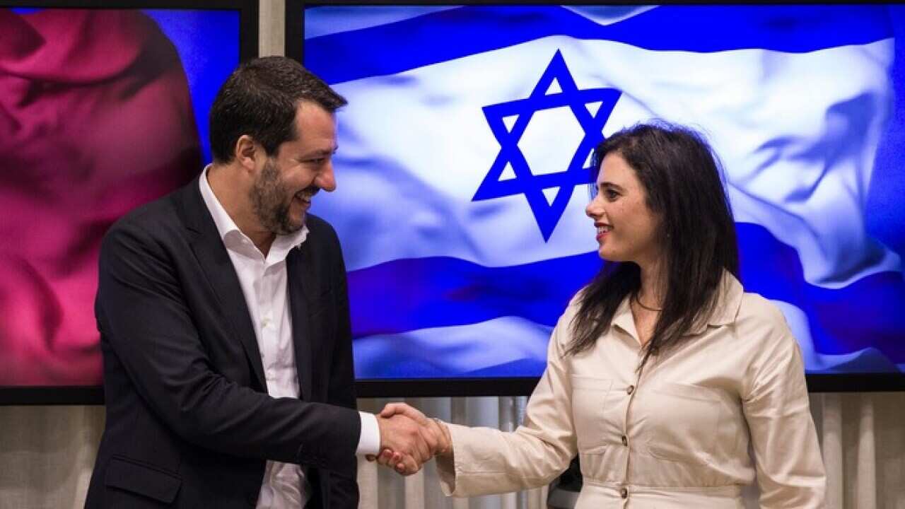 Israeli Justice Minister Ayelet Shaked,right, meets with the Italian Interior Minister and Deputy-Premier Matteo Salvini at the Knesset in Jerusalem, Wednesday, Dec. 12, 2018. (AP Photo/Tsafrir Abayov)