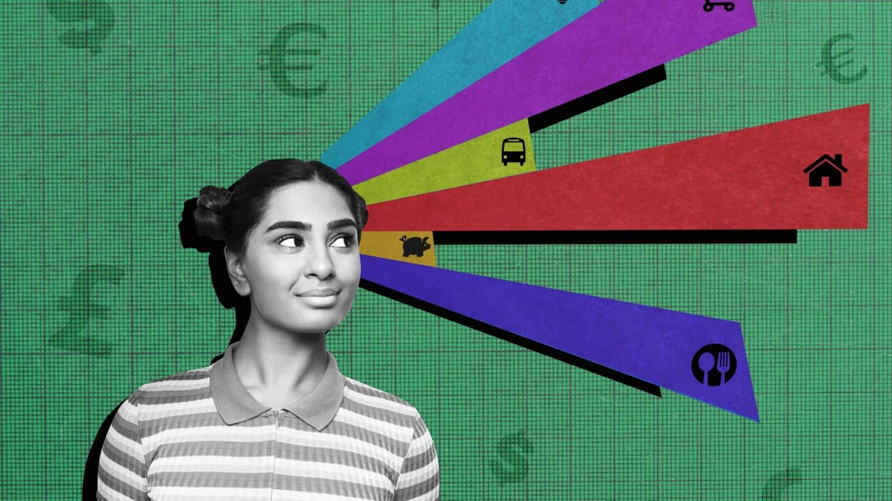 Collage of financial banking symbols with portrait of young woman