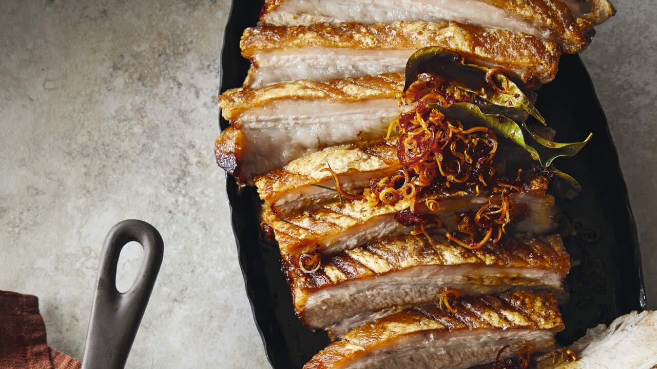 Crispy pork belly with native citrus caramel