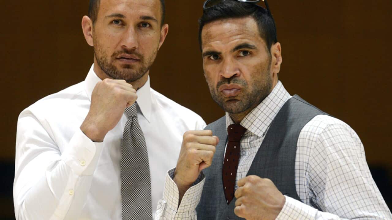 Boxer Anthony Mundine (R) and Rugby Union player Quade Cooper