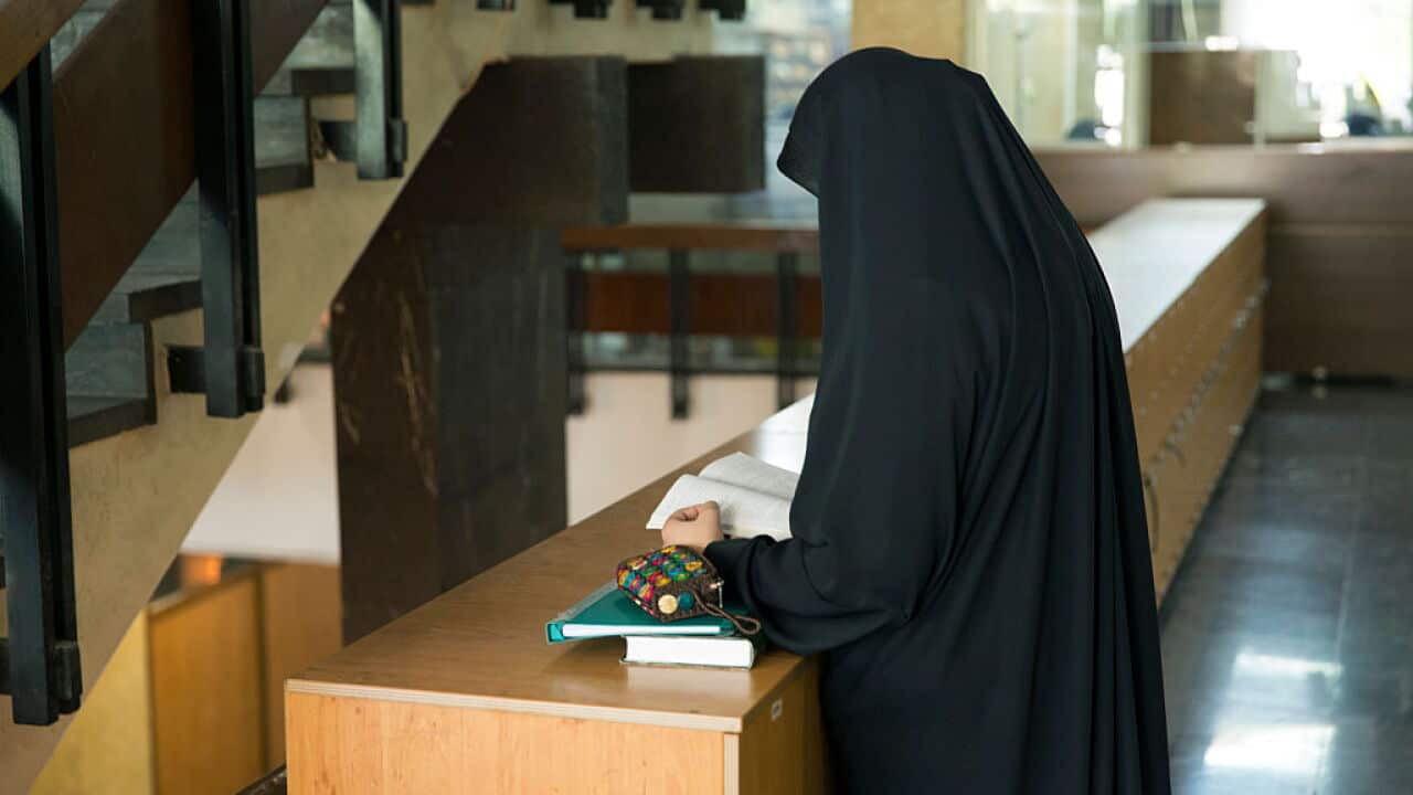 Pictured is a file image of a veiled female student reading a book at the University of Tehran on October 18, 2015 in Tehran, Iran.