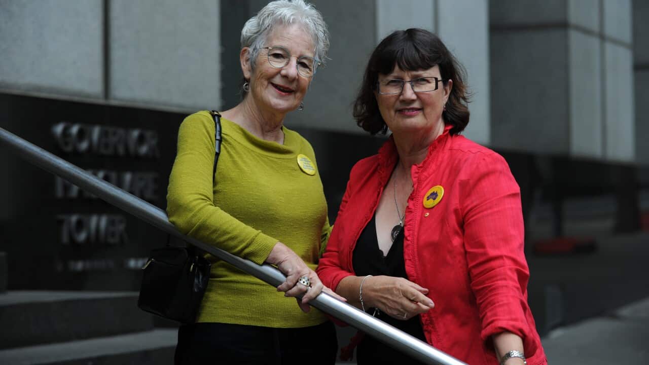Care Leavers Australia Network (CLAN) founders Joanna Penglase (left) and Leonie Sheedy (right) outside the Royal Commission into Institutional Responses to Child Sexual Abuse in Sydney, Friday, Feb 28, 2014. (AAP Image/Dean Lewins) NO ARCHIVING