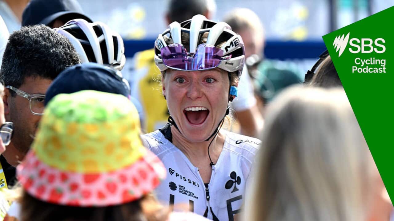 AMBERT, FRANCE - JULY 31: Lara Gillespie of Ireland and UAE Team ADQ reacts after the 4th Tour de France Femmes 2025, Stage 6 /a 123.7km stage from Clermont-Ferrand to Ambert #UCIWWT / on July 31, 2025 in Ambert, France. (Photo by Szymon Gruchalski/Getty Images)