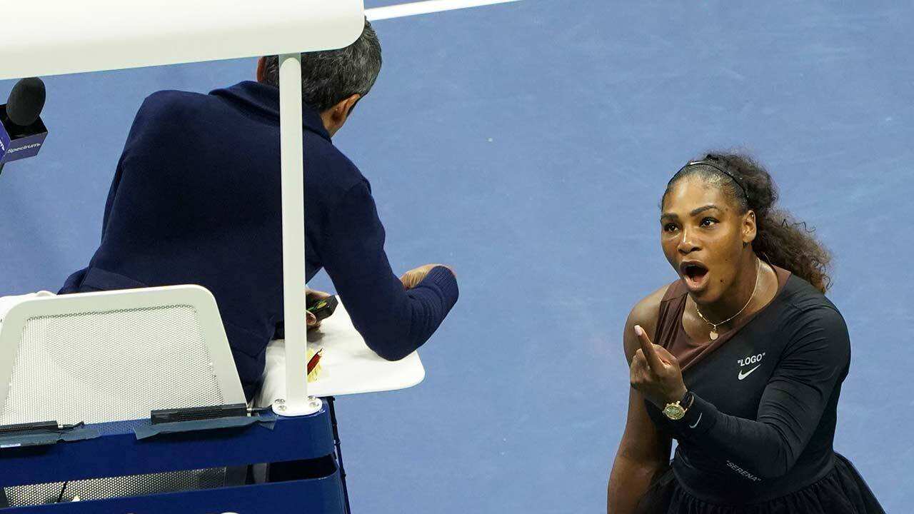 Serena Williams argues with the chair umpire during a match against Japan's Naomi Osaka during the women's finals of the US Open tennis tournament.