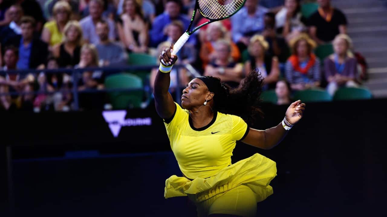 Serena Williams plays a shot against Daria Kasatkina