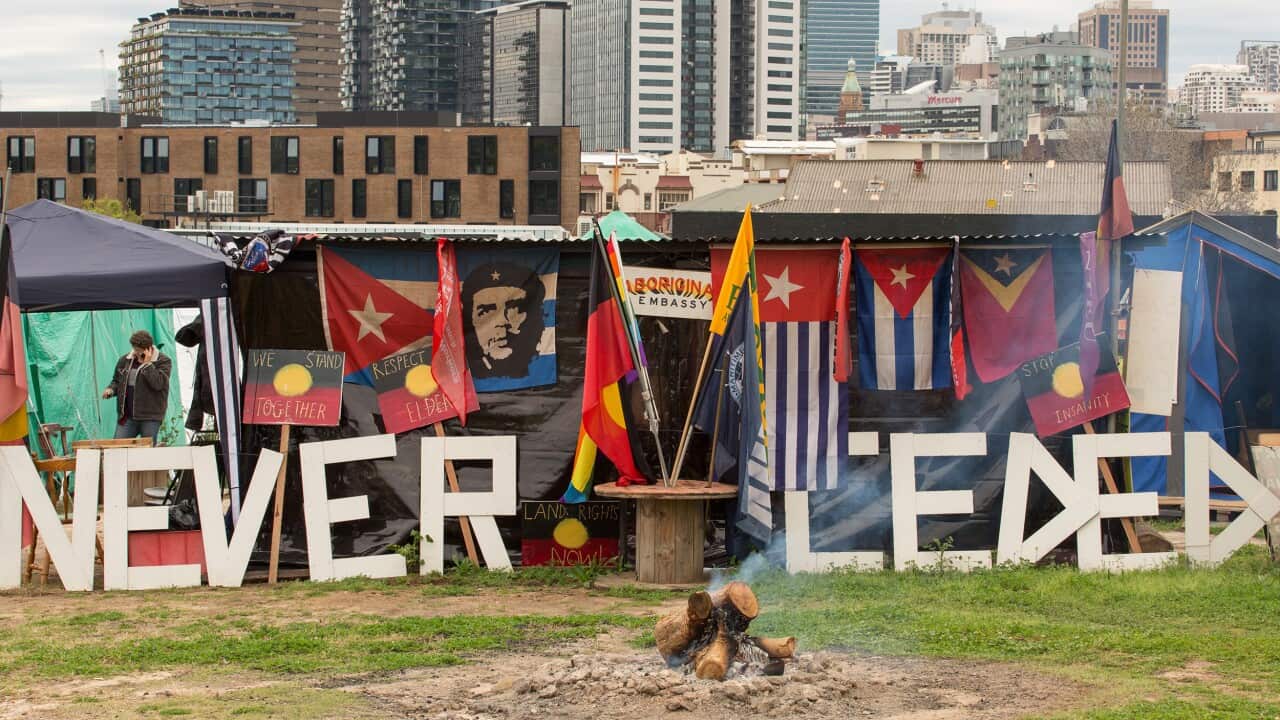 The Redfern Aboriginal Tent Embassy at the Block in Redfern, Sydney is captured on August 27, 2015, the morning of the announcement of a $70 million federal government deal that will ensure the construction of 62 homes for Indigenous families.