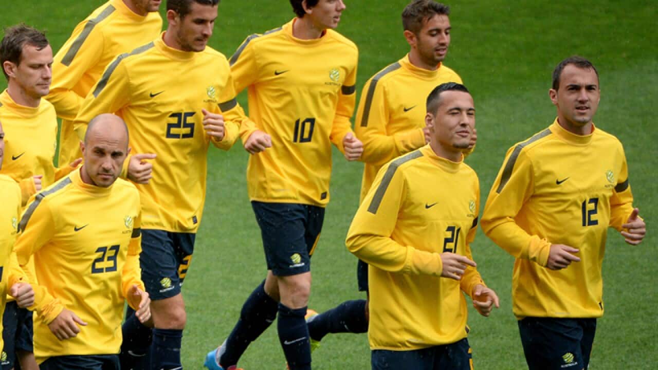 Socceroos players during a training run