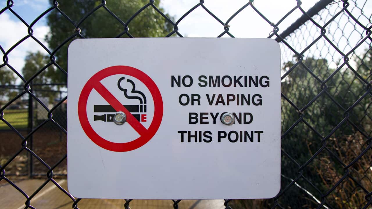 'No smoking or vaping sign beyond this point' sign on a chainlink fence at a public park entrance