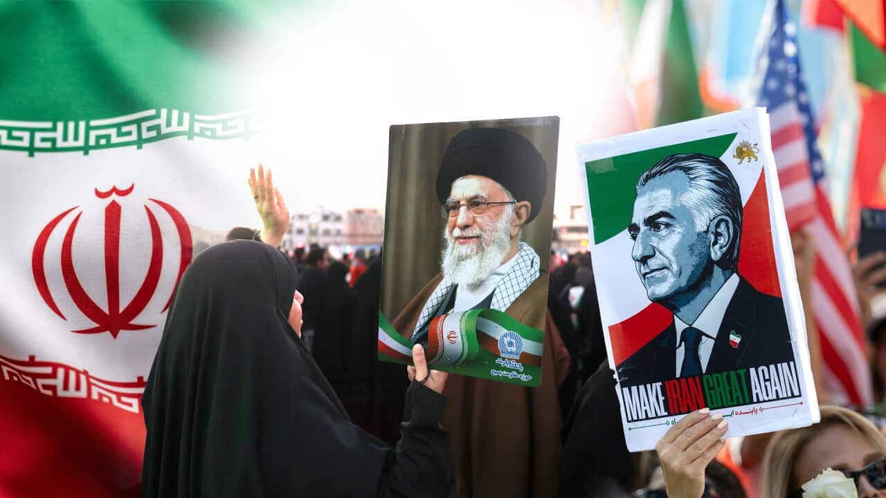 A composite image shows protestors holding contrasting posters of Iranian Supreme Leader Ali Khamenei and exiled crown prince Reza Pahlavi, the latter featuring the slogan "Make Iran Great Again," set against a backdrop of Iranian and American flags.