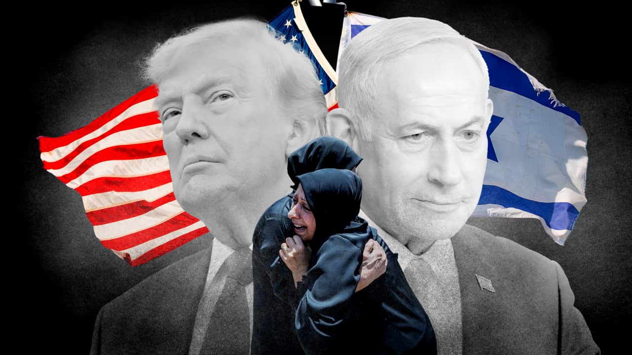 A composite image of two Palestinian women, Donald Trump and Benjamin Netanyahu