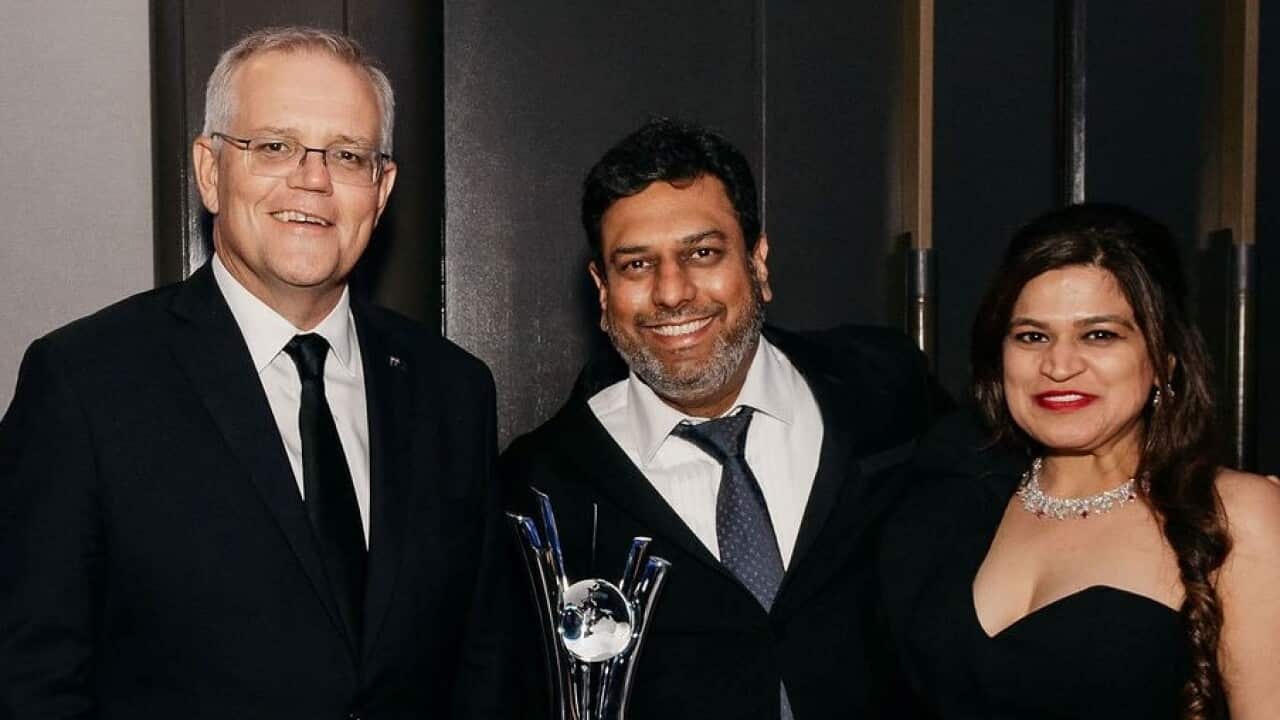 Dr Ved Berani (centre) and his wife Priyanka Sethi Berani with Prime Minister Scott Morrison at the 32nd Ethnic Business Award.