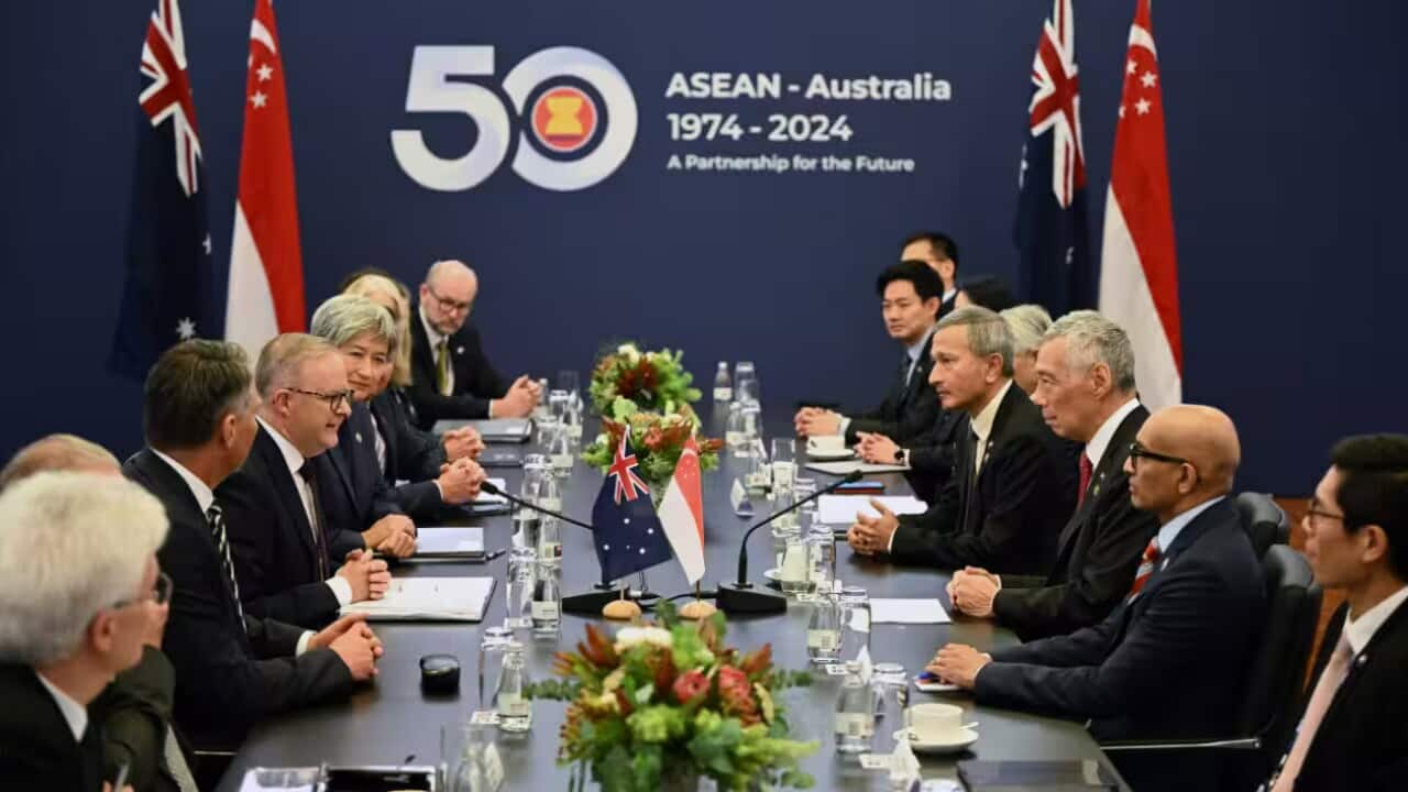 Australian Prime Minister Anthony Albanese (left) and Prime Minister of Singapore Lee Hsien Loong (right) during a Bilateral meeting during the 2024 ASEAN-Australia Special Summit at the Melbourne Convention and Exhibition Centre in Melbourne, Tuesday, March 5, 2024. (AAP Image/Joel Carrett) NO ARCHIVING Source: AAP / JOEL CARRETT/AAPIMAGE