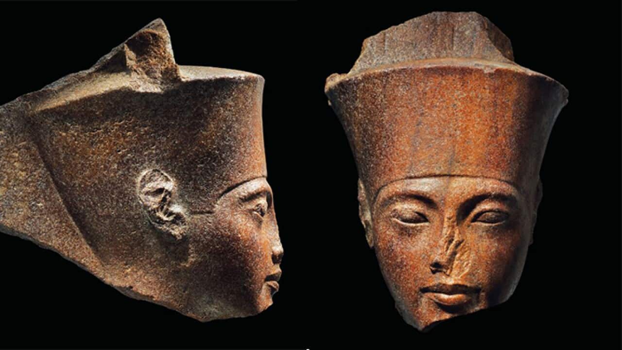 Tutankhamun head on sale in Christie's hall in London