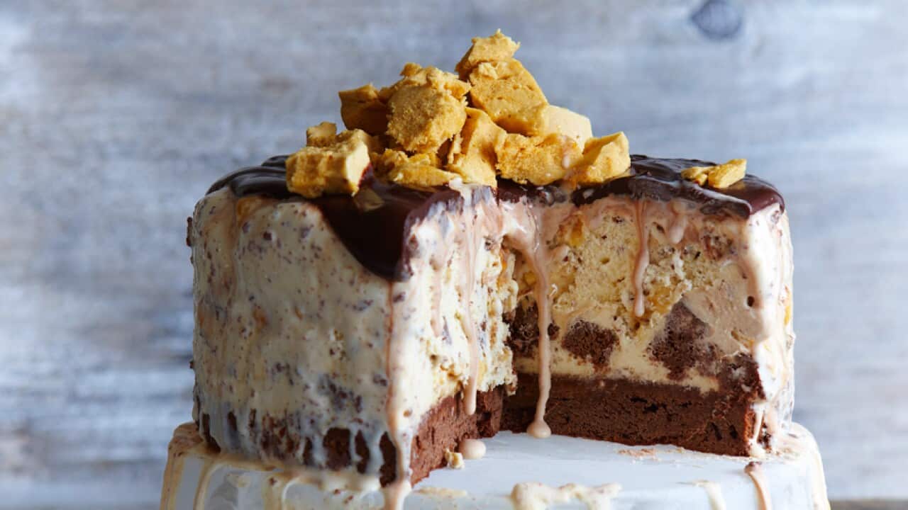 Chocolate brownie and honeycomb ice-cream cake with chocolate fudge sauce