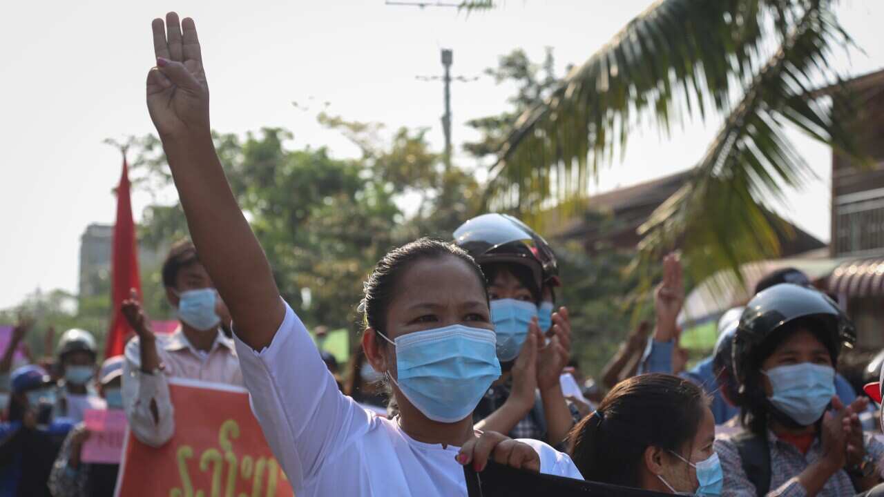 A demonstrator during an anti-military coup protest in Mandalay, Myanmar