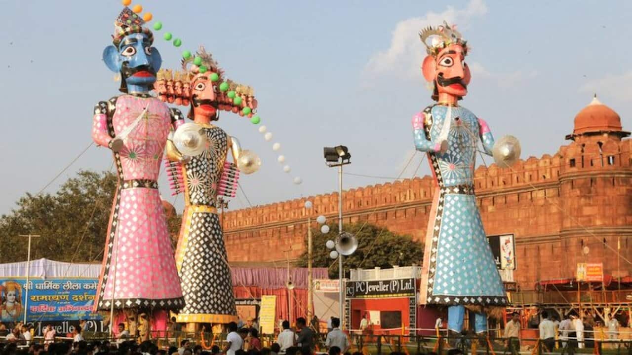 The Ravana, Kumbhakarna and Meghanada effigies before flaming