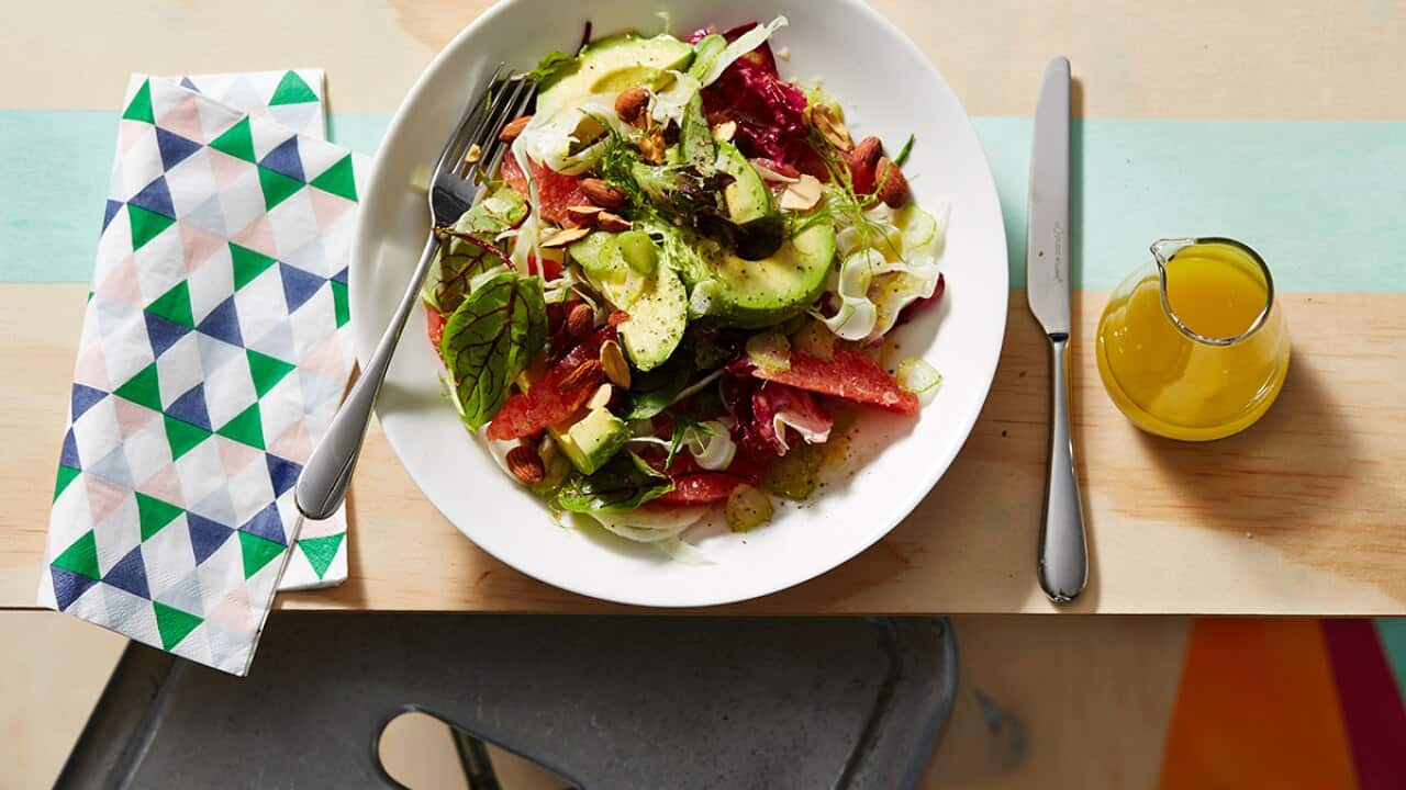 Pink grapefruit, shaved fennel and avocado salad