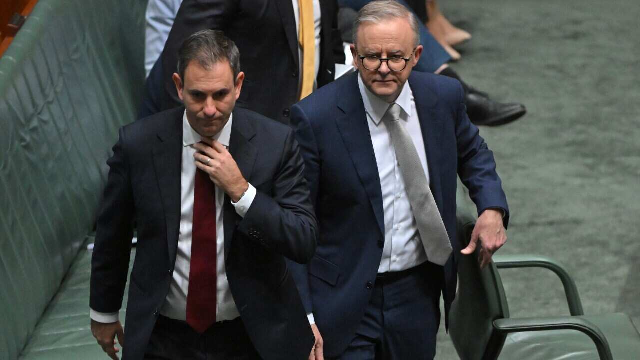 Jim Chalmers and Anthony Albenese in the House of Representatives at Parliament House.