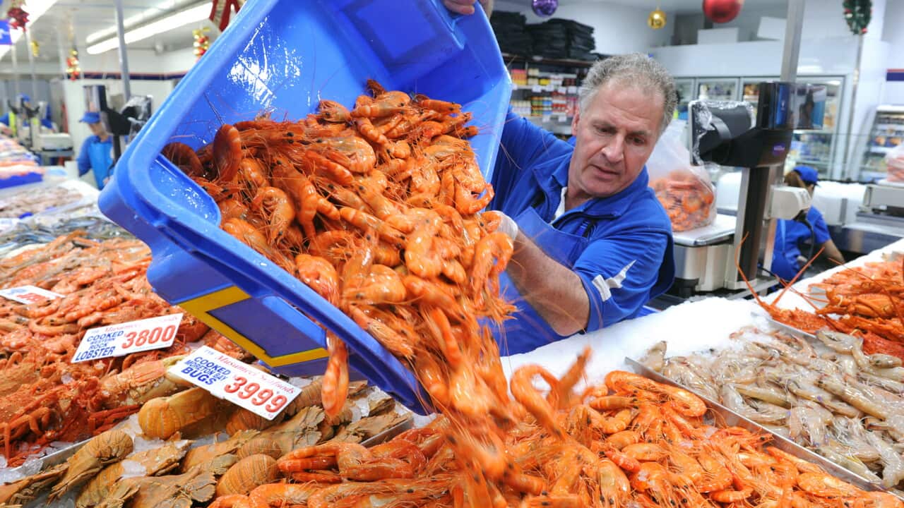 Workers restock prawns at the Sydney Fish Market, in Sydney, Friday, Dec. 23, 2016. The Sydney Fish Markets trade for a marathon 36 hours from 5 am today, in what is the markets' busiest period of trade. (AAP Image/Joel Carrett) NO ARCHIVING