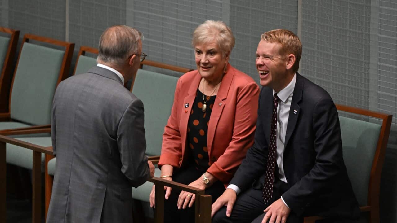 Anthony Albanese speaks with NZ ambassador to Australia Dame Annette King and NZ Prime Minister Chris Hipkins