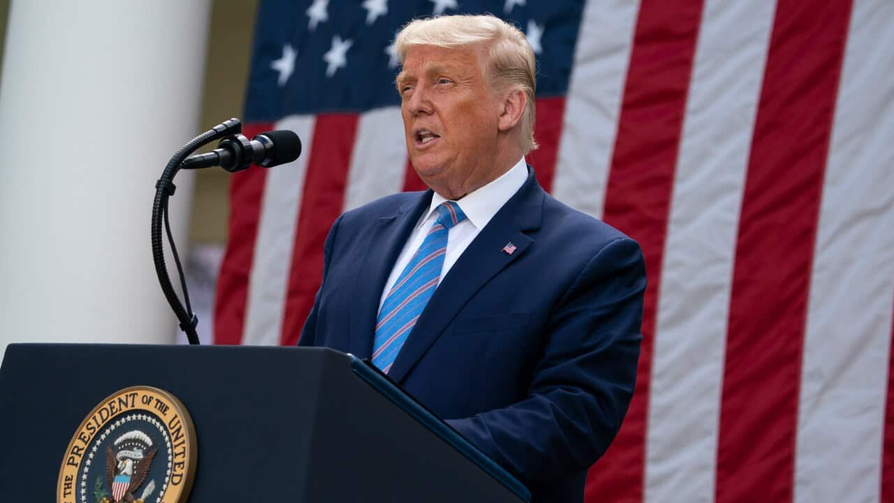 President Donald Trump speaks in the Rose Garden at the White House.