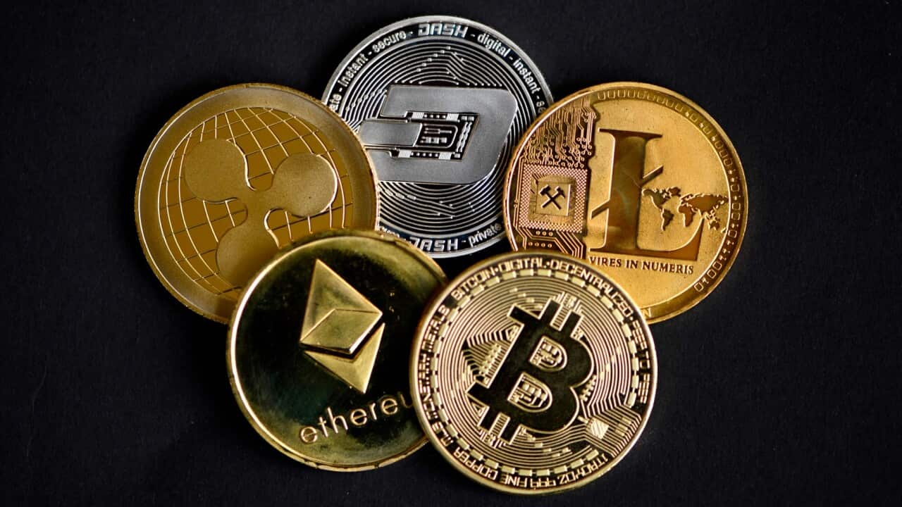 The photo shows physical imitations of cryptocurrency in Dortmund, western Germany, on January 27, 2020.