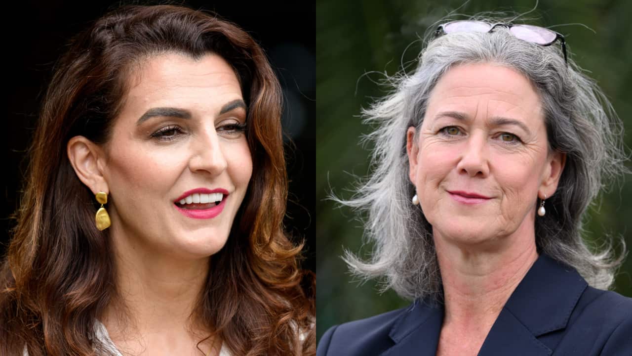 A split image of a woman with brown hair on the left and a woman with grey hair on the right.