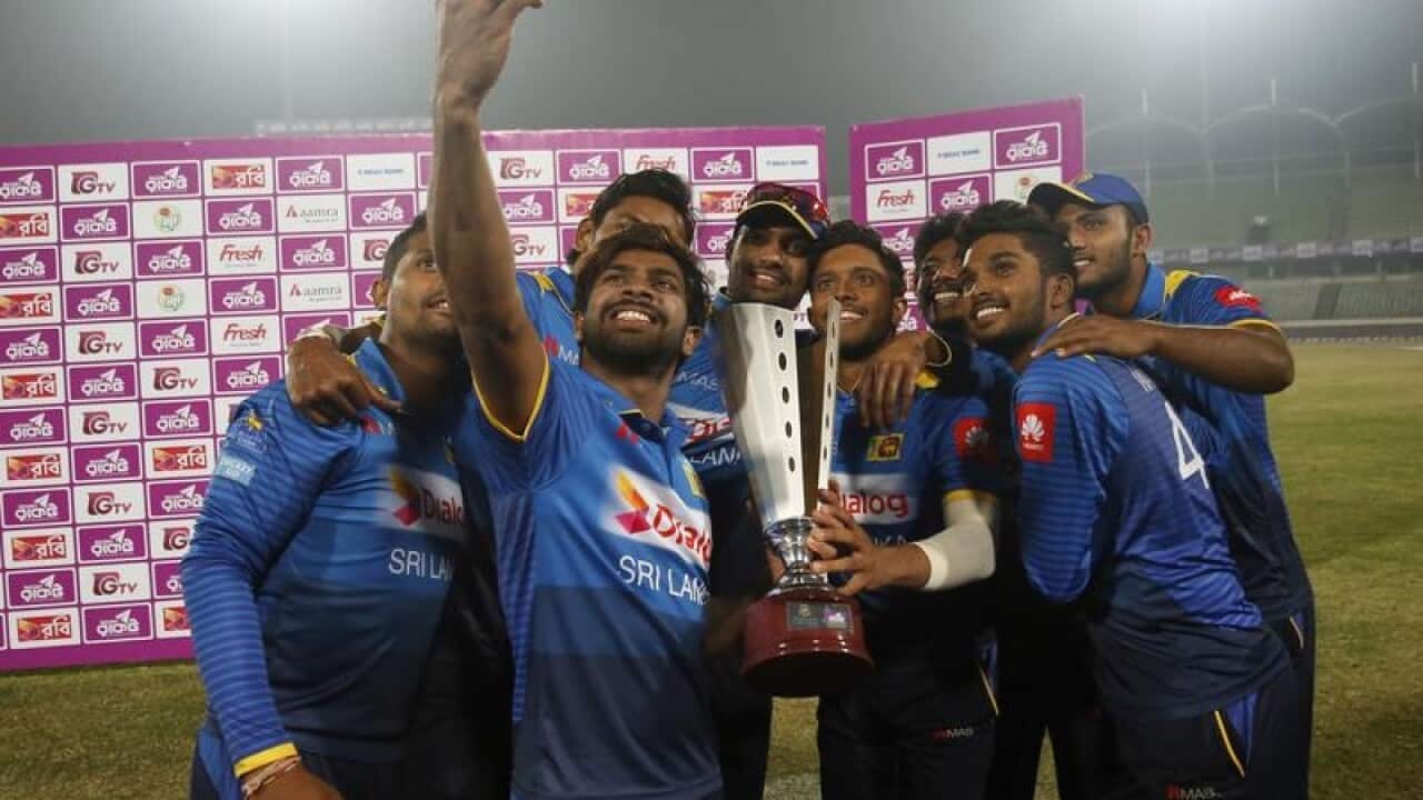 Sri Lankan players celebrate the win over Bangladesh.