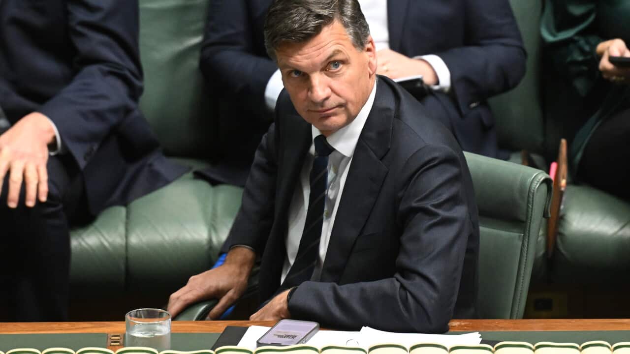 A man in a dark suit sits on a green leather bench in a parliamentary chamber, with papers, a phone and a glass of water on the desk in front of him.