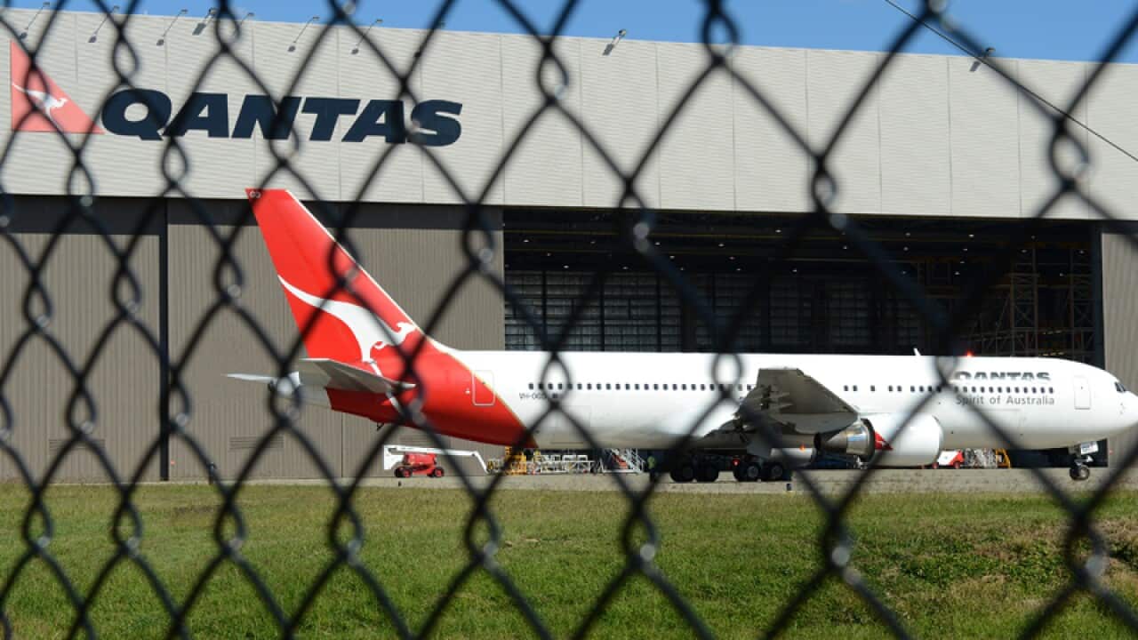 A Qantas plane at the Qantas maintenance base at Brisbane airport