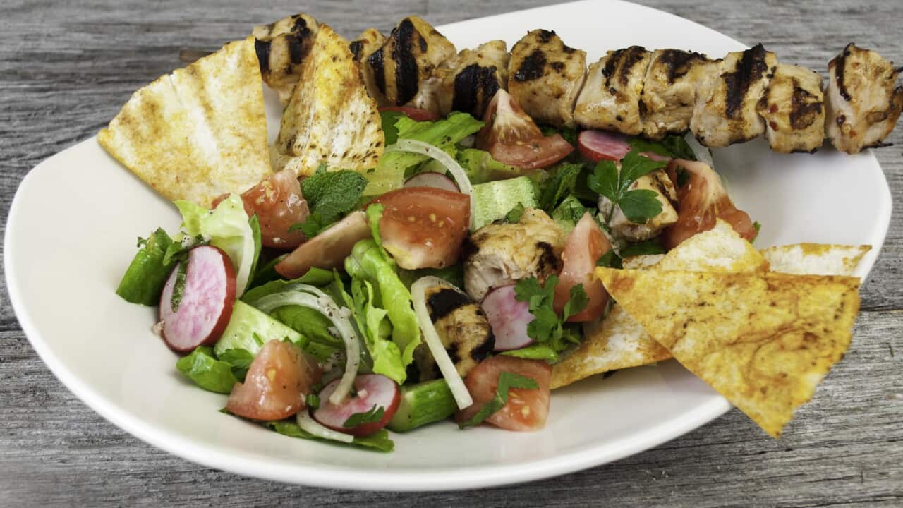 Chicken kebab with fattoush salad