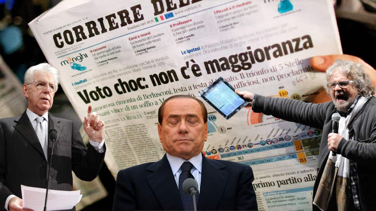 Composite image with Mario Monti, Silvio Berlusconi and Beppe Grillo against newspaper headline