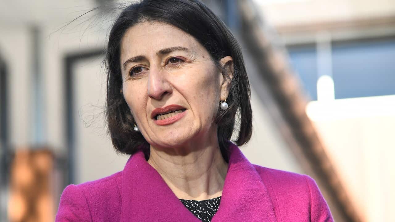 NSW Premier Gladys Berejiklian speaks to the media during a press conference at Ku-ring-gai High School, Sydney, Monday, July 20, 2020. (AAP Image/James Gourley) NO ARCHIVING