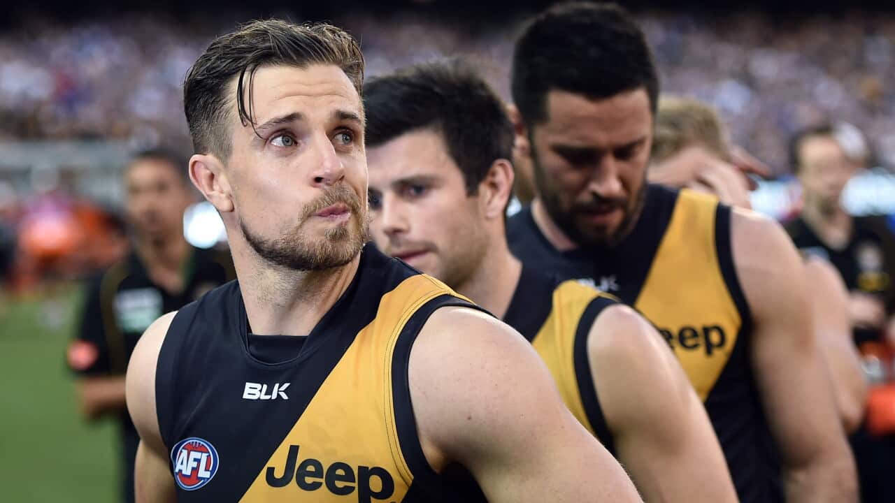 Richmond Tigers player Brett Deledio leaves the ground after they were defeated by the North Melbourne Kangaroos in the first qualifying final.