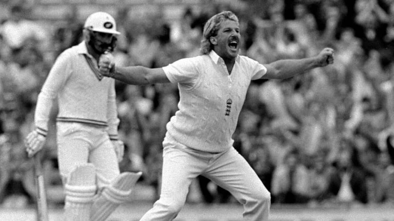 Ian Botham raises his arms after dismissing New Zealand's Jeff Crowe to become the highest wicket taker in test history with 356 victims.