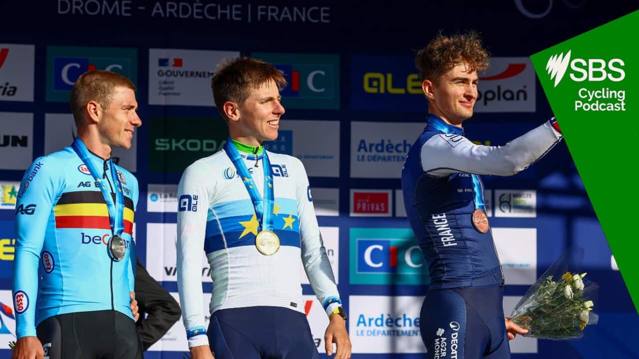 Belgium Remco Evenepoel, Slovenia Tadej Pogacar and France Paul Seixas pictured on the podium after the Men Elite road race, a 202,5 km from Privas to Guilherand-Granges, at the UEC road European cycling championships, Sunday 05 October 2025, France. The European cycling championships Drome-Ardeche takes place from 1 to 5 October, France. BELGA PHOTO DAVID PINTENS (Photo by DAVID PINTENS/Belga/Sipa USA) Source: SIPA USA / Belga/DAVID PINTENS/Belga/Sipa USA
