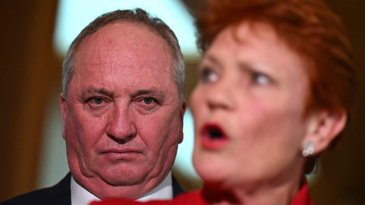 Close up of Barnaby Joyce's face with resting expression, behind a blurred Pauline Hanson