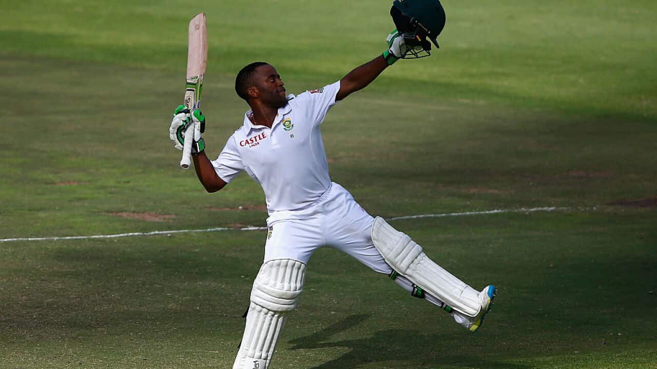 Temba Bavuma of South Africa celebrates his century during day four of the 2nd Test at Newlands Stadium on January 5, 2016