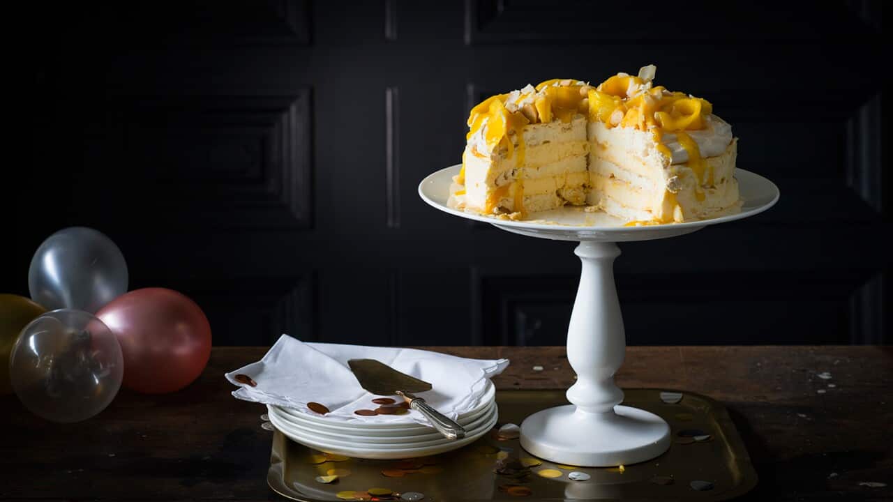 Mango, coconut and lime ice-cream cake