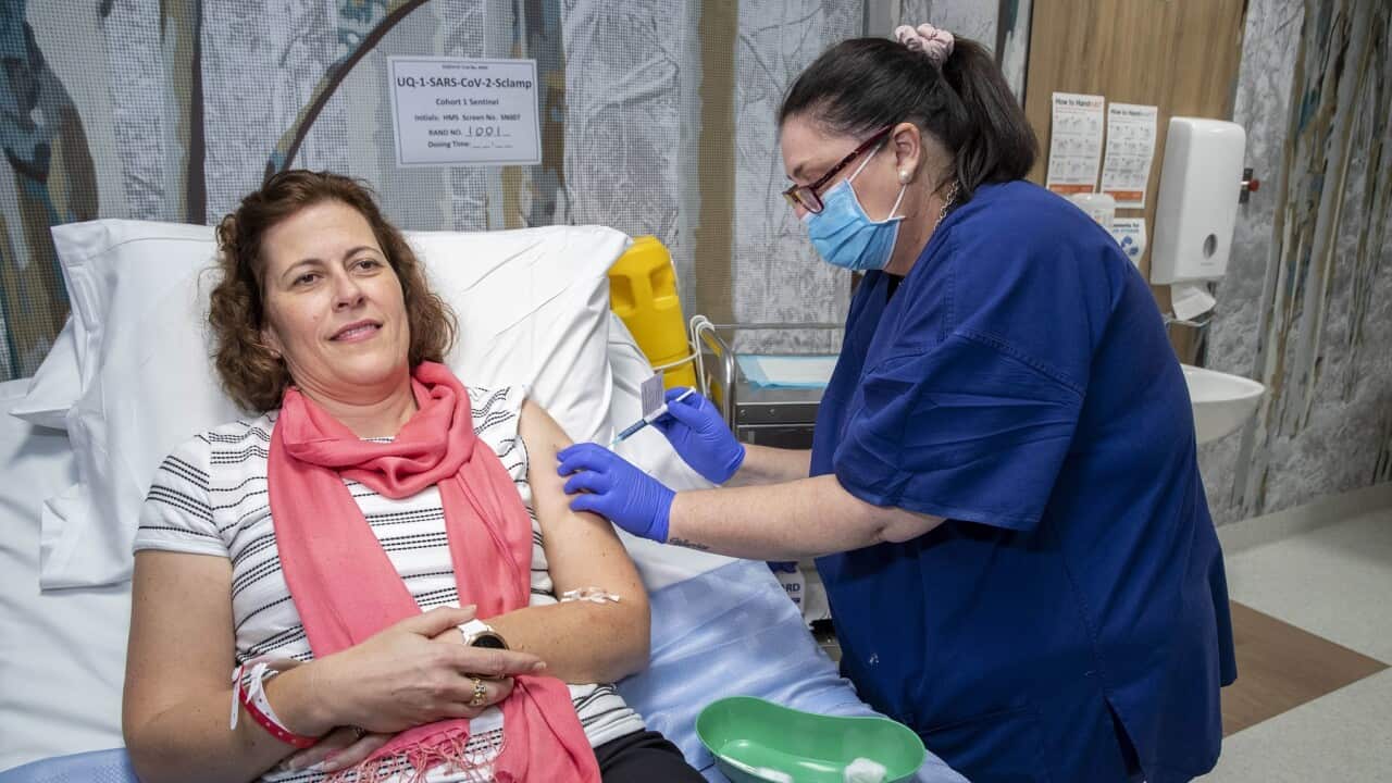 A volunteer is seen during a coronavirus vaccine