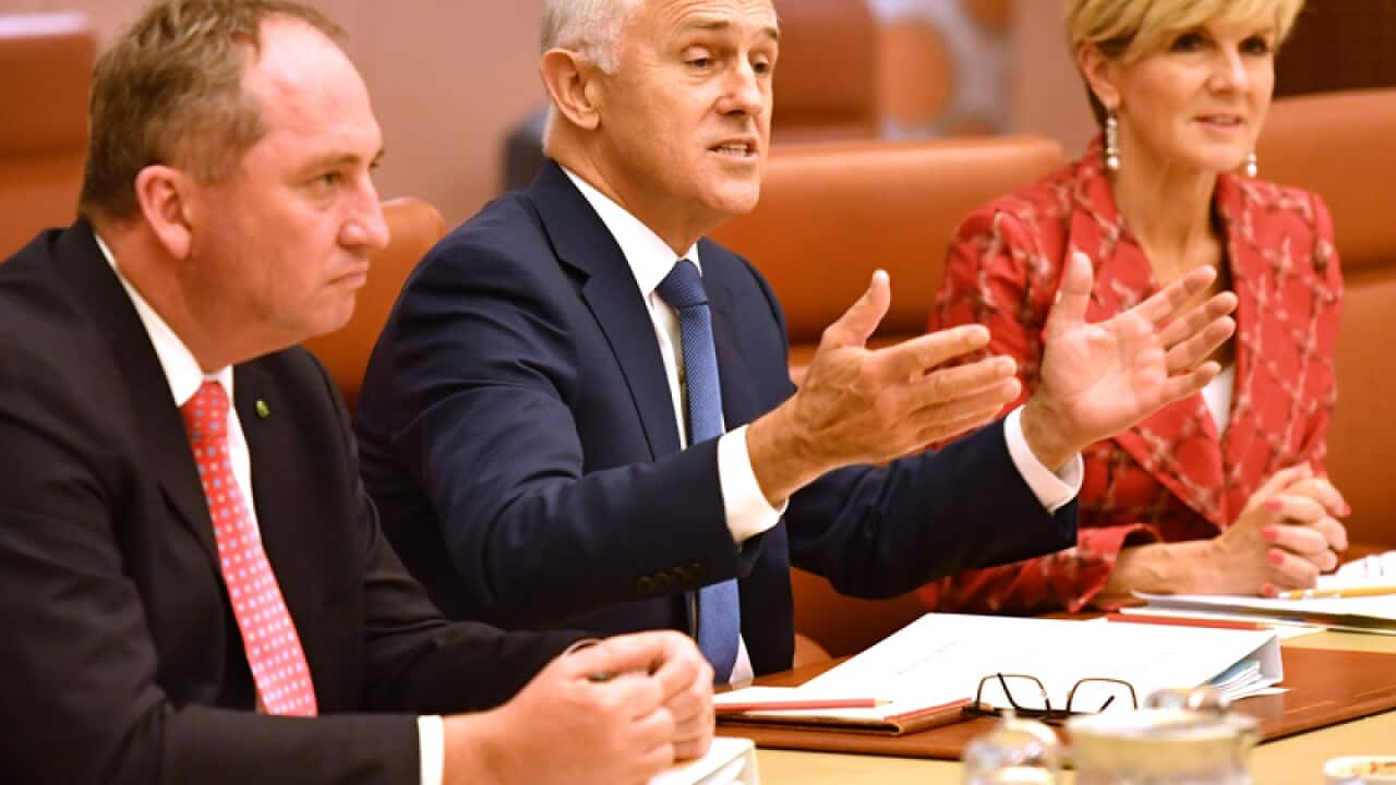 Barnaby Joyce, Malcolm Turnbull and Julie Bishop