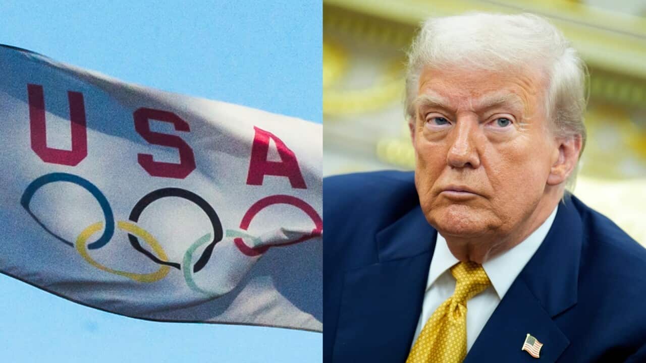 A composite image of a white flag with the words USA and the Olympic rings on it on the left, and Donald Trump.