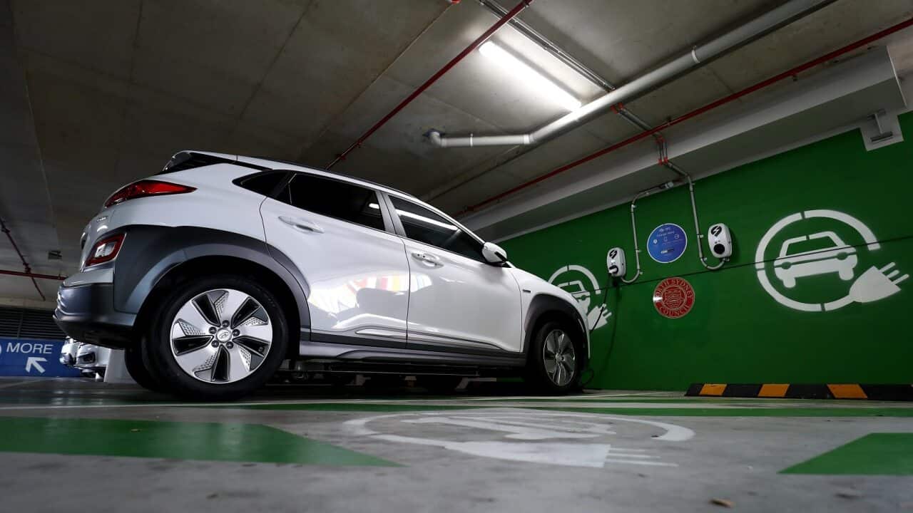 An electric vehicle at a charge station in Crows Nest, Sydney