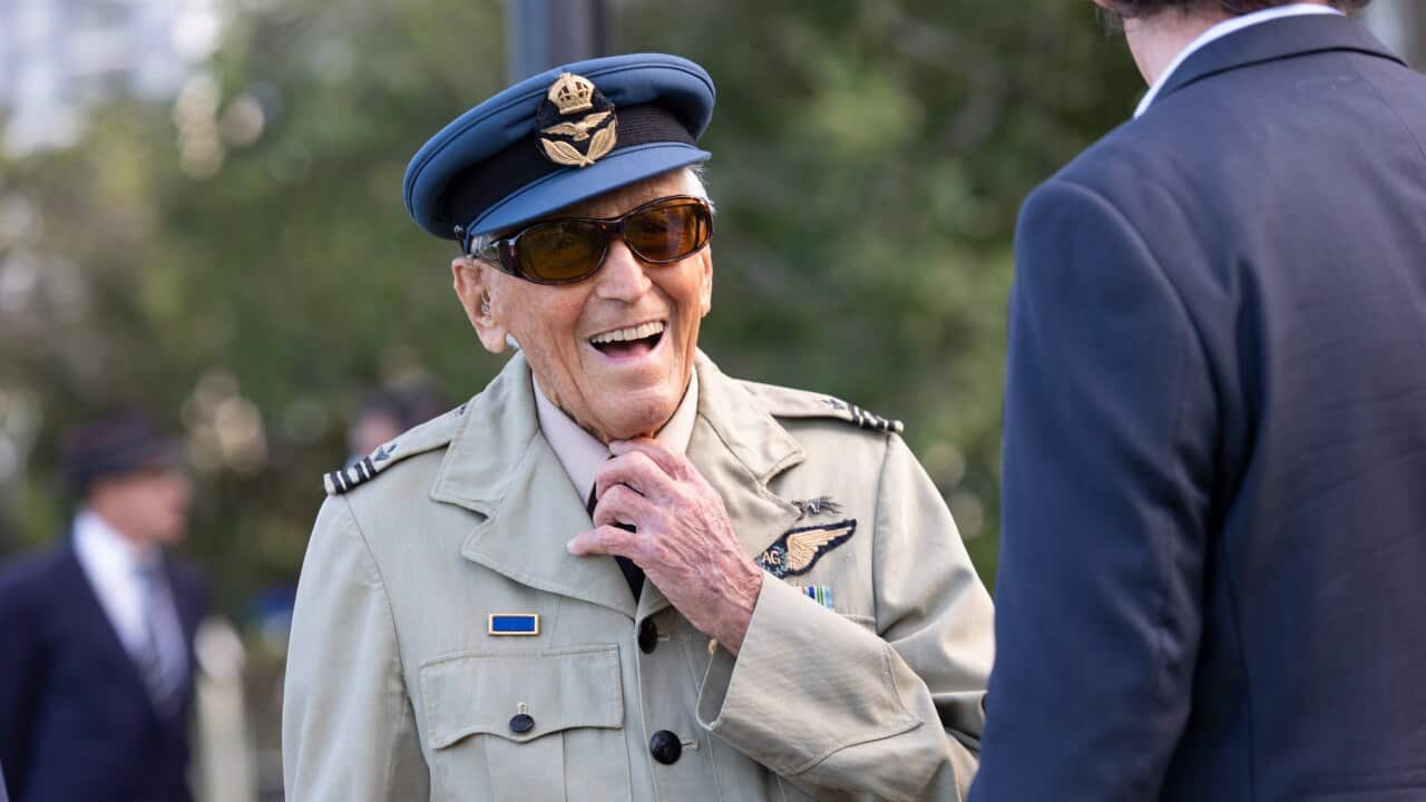 Brian Winspear OM, during a memorial service commemorating the 80th Anniversary of the Sinking of the USS Peary at USS Peary Memorial in Bicentennial Park, Darwin, Saturday, February 19, 2022. (AAP Image/George Fragopoulos) NO ARCHIVING