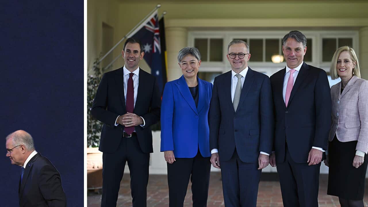 Anthony Albanese poses for photographs with interim ministers Penny Wong, Jim Chalmers, Richard Marles and Katy Gallagher. Left: Scott Morrison leaves.