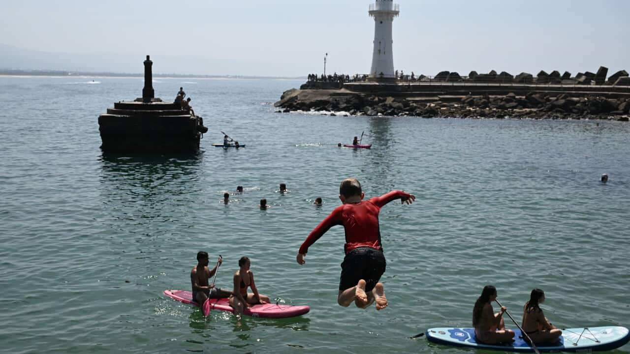 Children jump into the bay in Sydney, New South Wales.
