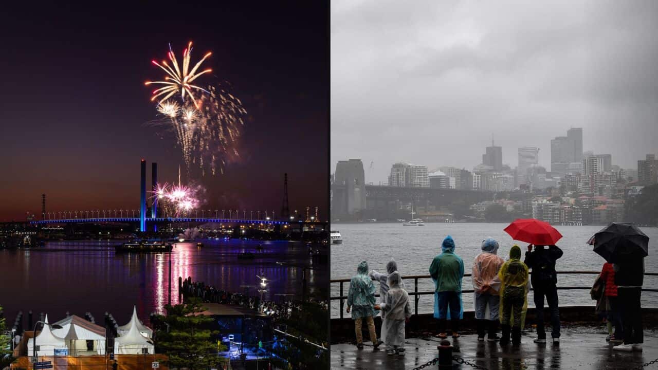 Composite image of fireworks in Melbourne and people on the edge of a rainy Sydney Harbour wearing ponchos and holding umbrellas.