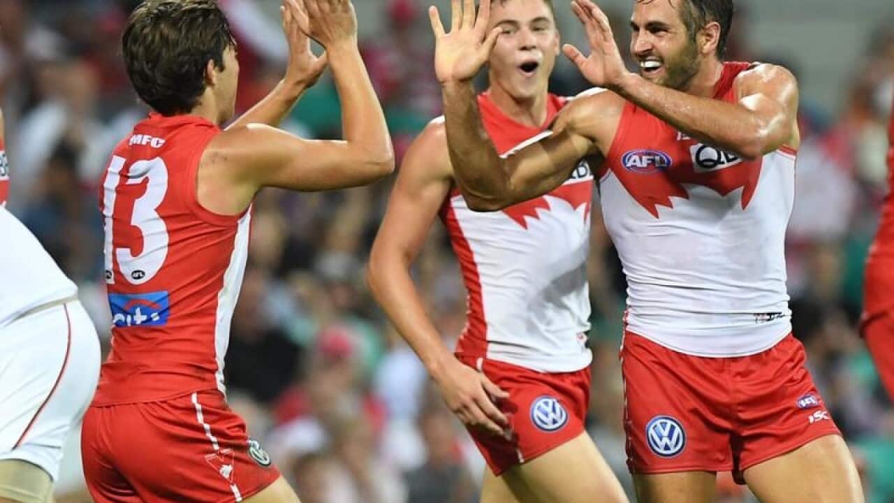 Swans players celebrate.